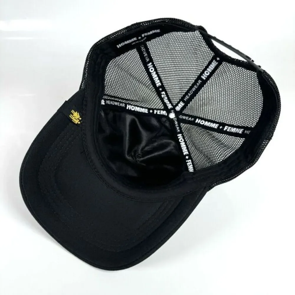 Homme Femme HF‎ Varsity Font Trucker Hat SnapBack Black Yellow Letterman OSFA